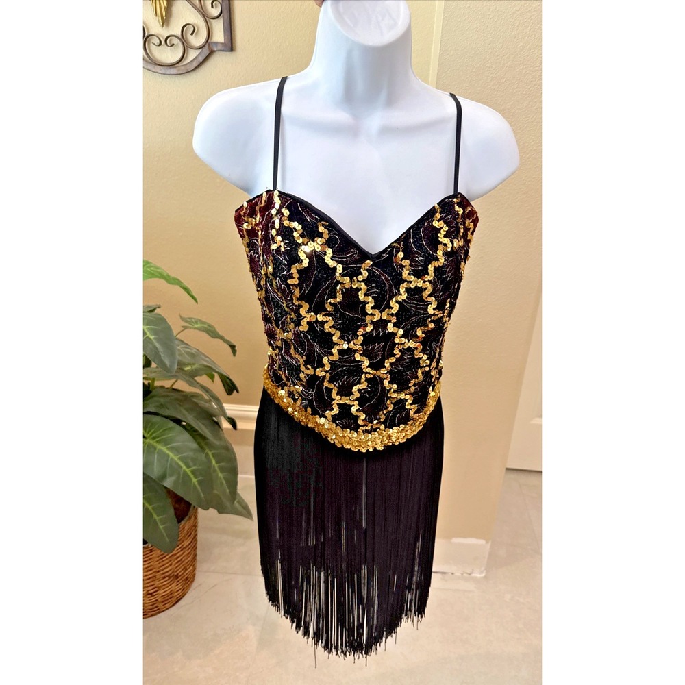 VTG Gunne Sax Velvet Corset Black Fringe Dress 90s Sz 7/8 Embellished Jazz Dance
